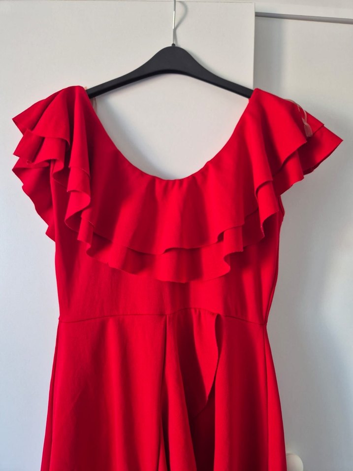 Kırmızı Volanlı Uzun Kadın Elbise - Görsel 3