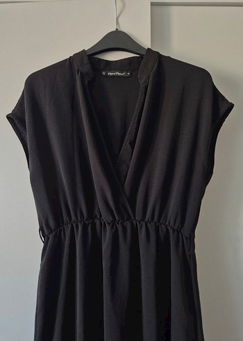 Siyah Keten V Yakalı Salaş Uzun Elbise - Görsel 2