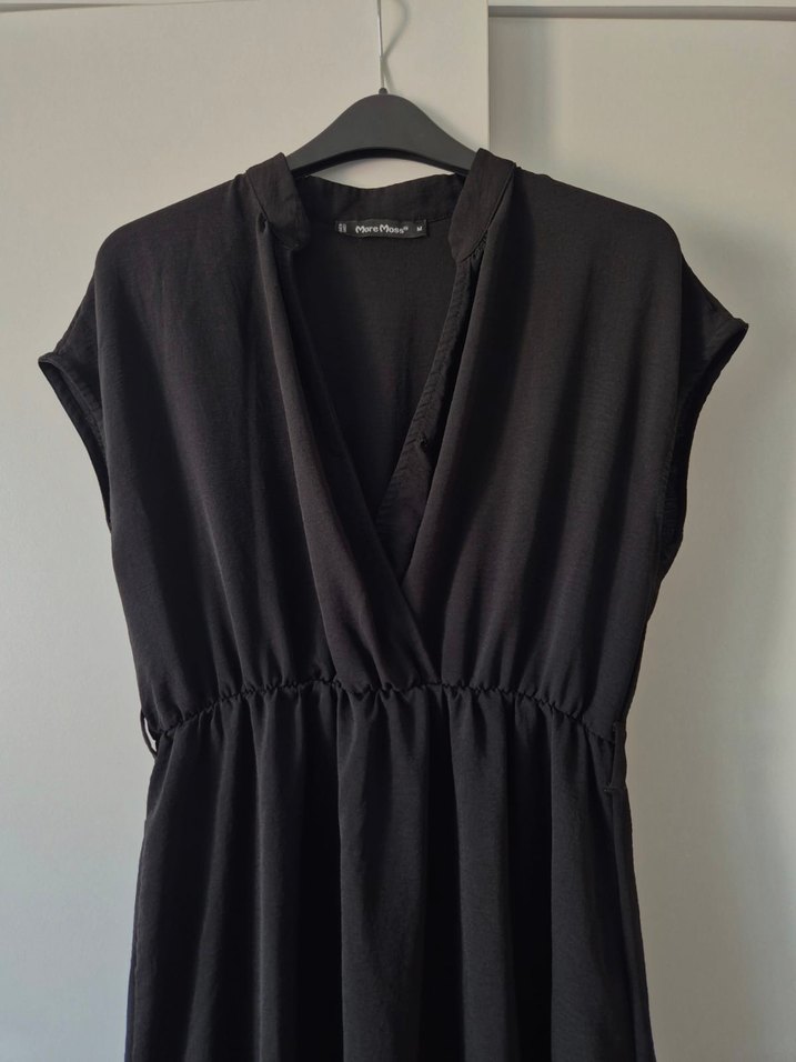 Siyah Keten V Yakalı Salaş Uzun Elbise - Görsel 2