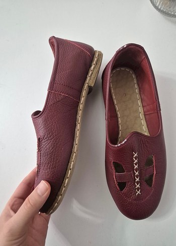 Bordo Deri Kadın Günlük Düz Ayakkabı - Görsel 2