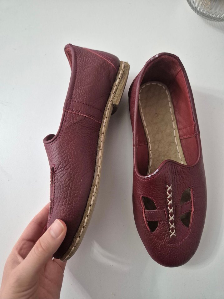 Bordo Deri Kadın Günlük Düz Ayakkabı - Görsel 2