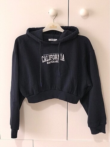 Lacivert Baskılı Kısa Sweatshirt