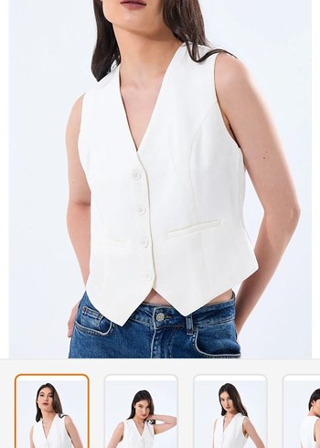 Beyaz V Yaka Kısa Denim Yelek