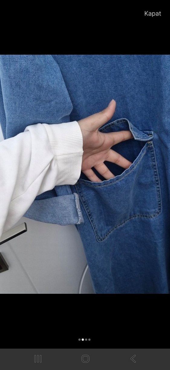 Kadın Uzun Boy Kot Ceket Düğmeli Mavi - Görsel 2