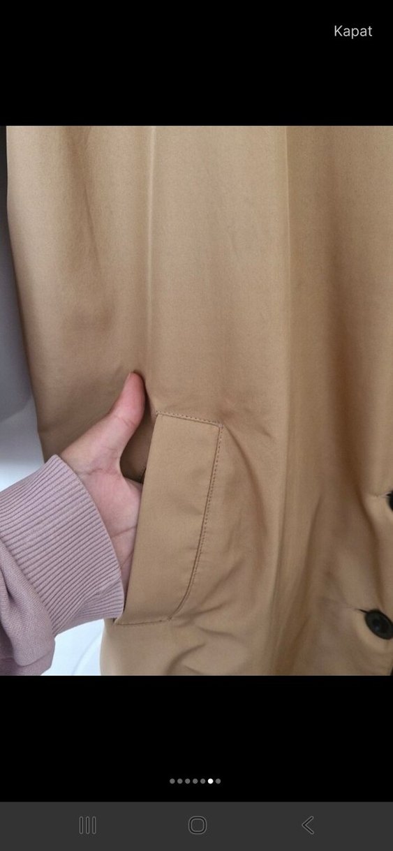 Düğmeli Bej Uzun Kadın Trençkot - Görsel 5