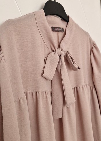 Bej Uzun Keten Elbise Fırfırlı - Görsel 2