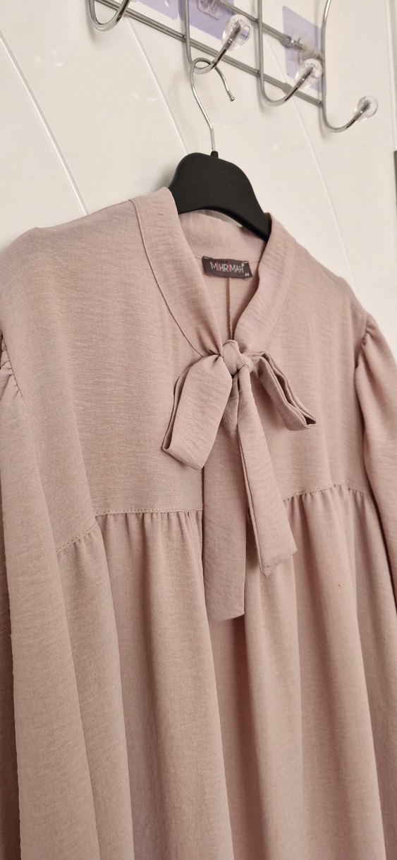 Bej Uzun Keten Elbise Fırfırlı - Görsel 2