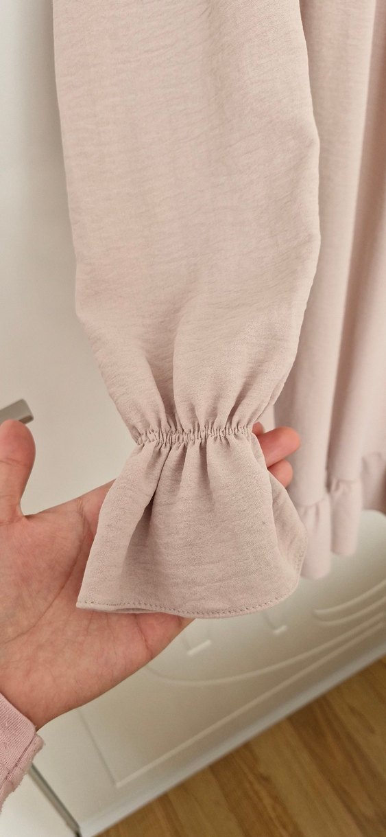 Bej Uzun Keten Elbise Fırfırlı - Görsel 4