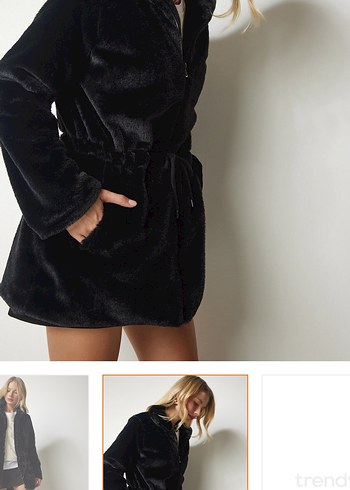 Siyah Midi Boy Yumuşak Peluş Kadın Mont - Görsel 7