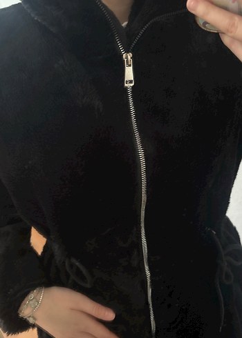 Siyah Midi Boy Yumuşak Peluş Kadın Mont - Görsel 4