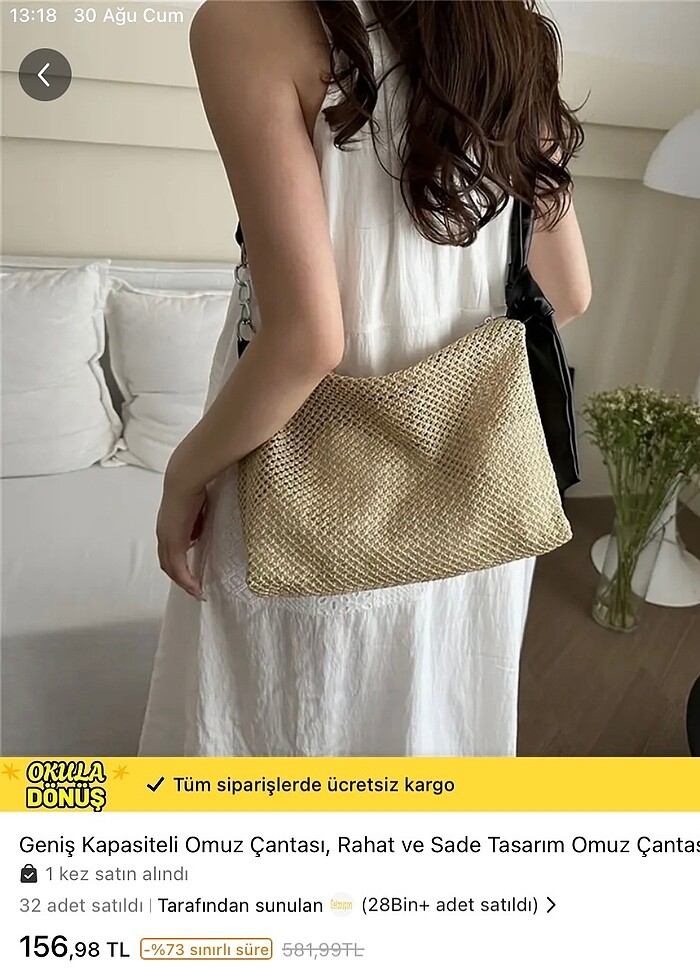 TEMU Geniş Kapasiteli Hasır Siyah Omuz Çantası - Görsel 2