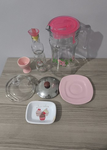 Pembe Baskılı Cam Sürahi ve Tabak Seti - Görsel 2