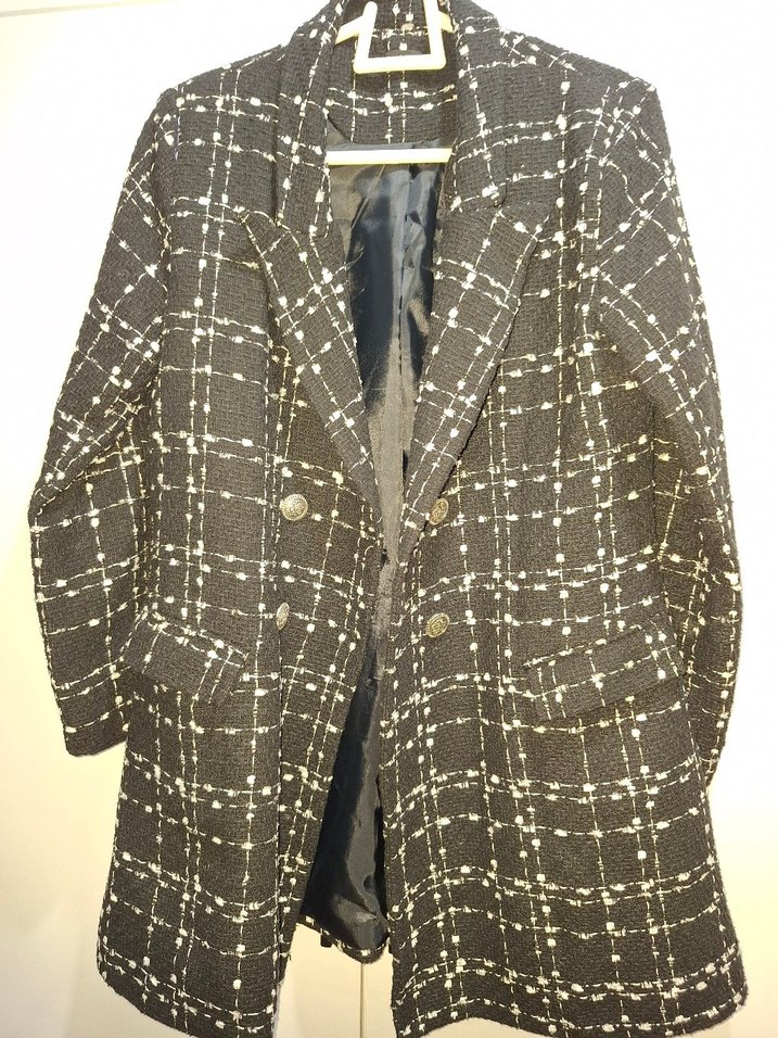 Düğmeli Siyah Ekose Kadın Blazer - Görsel 2