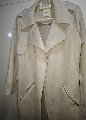 Bej Süet Kadın Kemerli Uzun Trençkot - Görsel 3