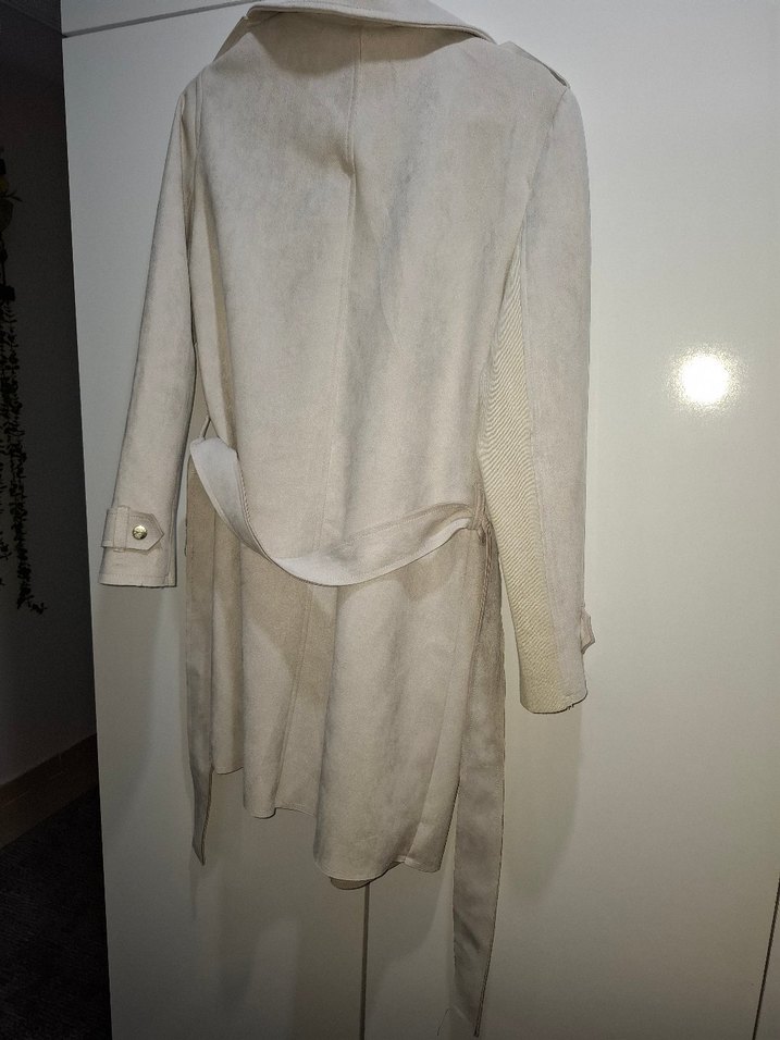 Bej Süet Kadın Kemerli Uzun Trençkot - Görsel 2