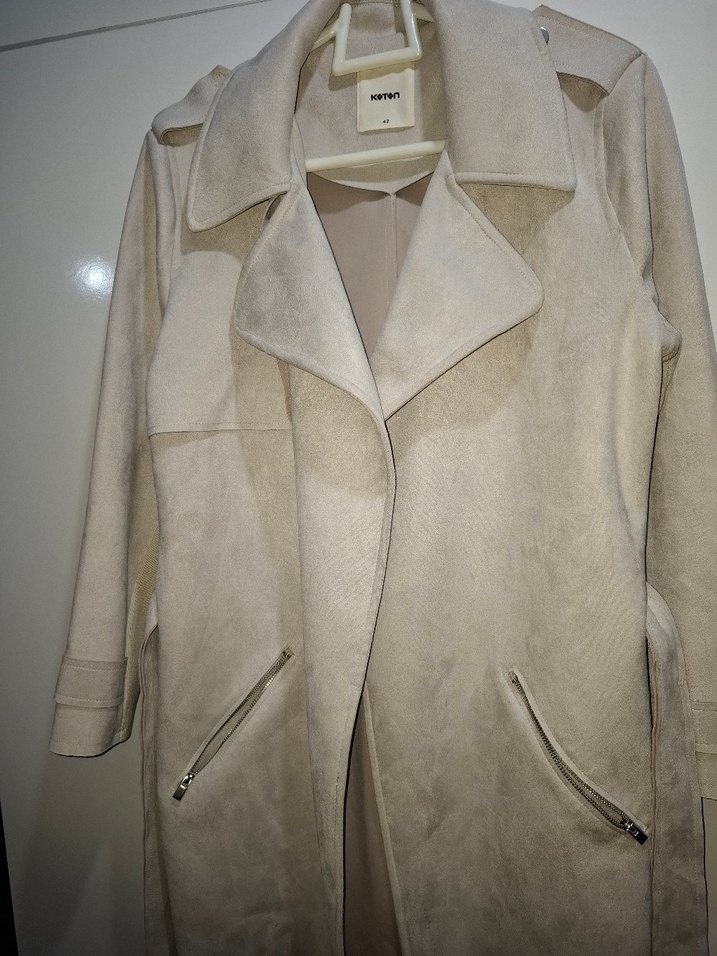 Bej Süet Kadın Kemerli Uzun Trençkot - Görsel 3