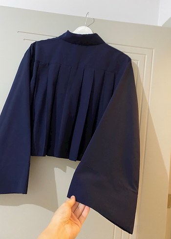 Lacivert Pliseli Uzun Kollu Keten Gömlek - Görsel 3