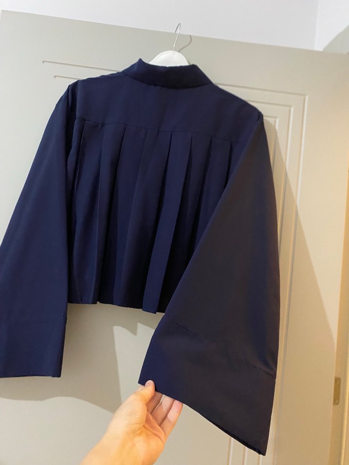 Lacivert Pliseli Uzun Kollu Keten Gömlek - Görsel 3