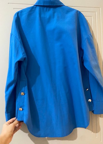 Mavi Düğmeli Kadın Keten Gömlek - Görsel 4