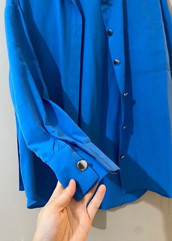 Mavi Düğmeli Kadın Keten Gömlek - Görsel 3