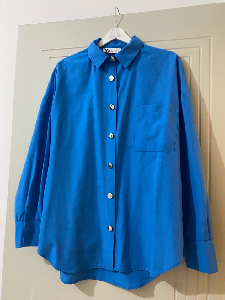 Mavi Düğmeli Kadın Keten Gömlek - Görsel 2