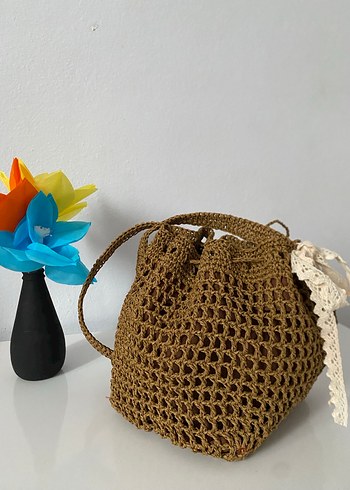 Dantel Detaylı Kahverengi Örgü Bohem Çanta - Görsel 3