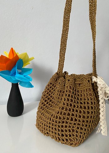 Dantel Detaylı Kahverengi Örgü Bohem Çanta - Görsel 5