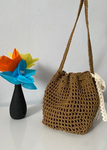Dantel Detaylı Kahverengi Örgü Bohem Çanta - Görsel 2