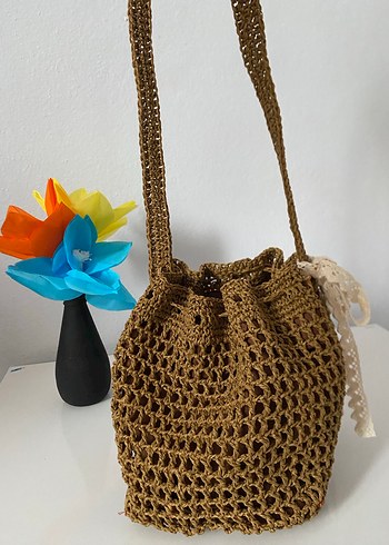 Dantel Detaylı Kahverengi Örgü Bohem Çanta - Görsel 4