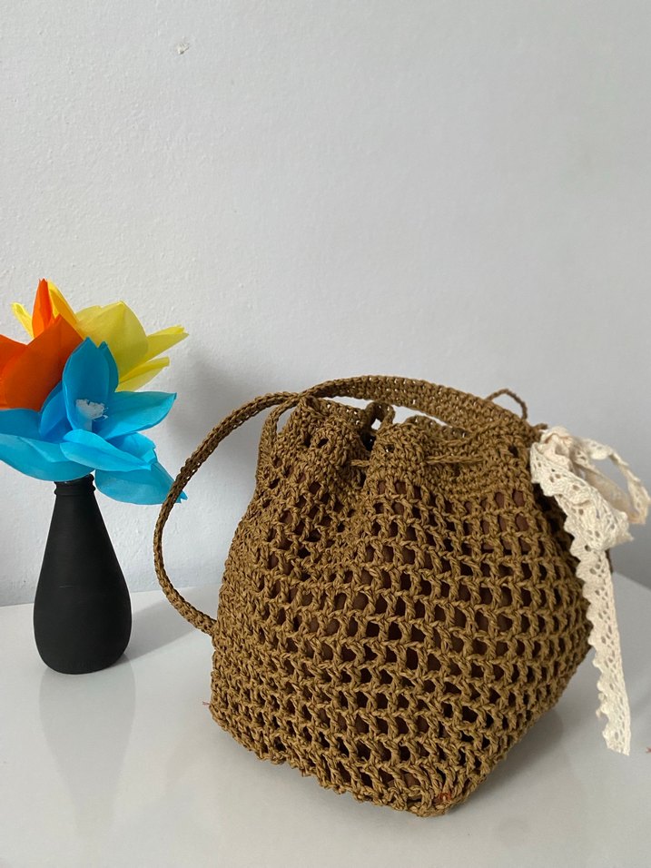 Dantel Detaylı Kahverengi Örgü Bohem Çanta - Görsel 3