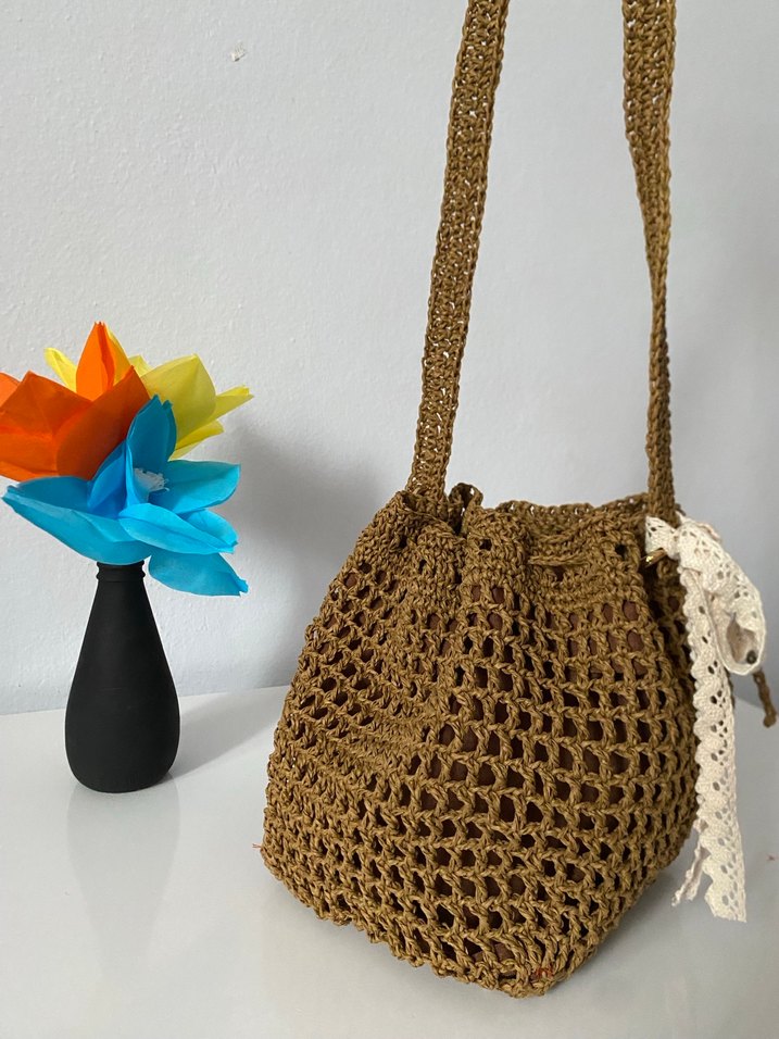 Dantel Detaylı Kahverengi Örgü Bohem Çanta - Görsel 5