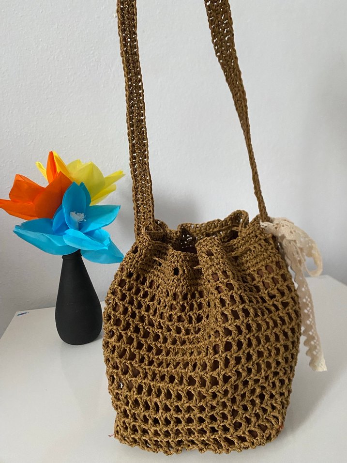 Dantel Detaylı Kahverengi Örgü Bohem Çanta - Görsel 4