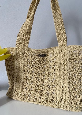 Bej Çiçek Desenli Örgü Kadın Çanta - Görsel 2