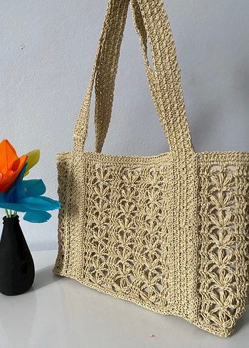 Bej Çiçek Desenli Örgü Kadın Çanta - Görsel 3