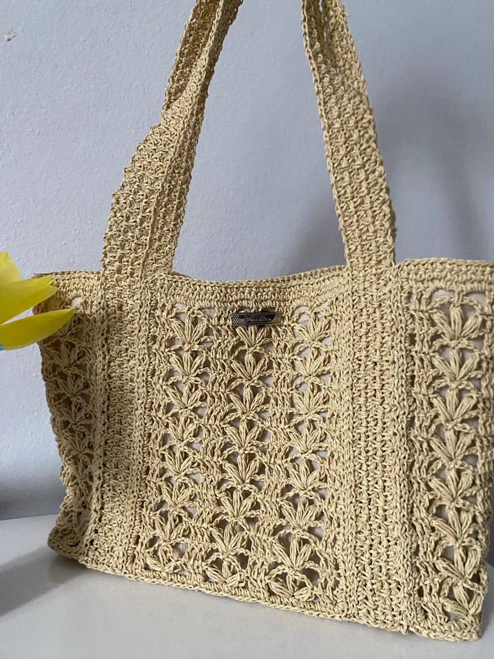 Bej Çiçek Desenli Örgü Kadın Çanta - Görsel 2