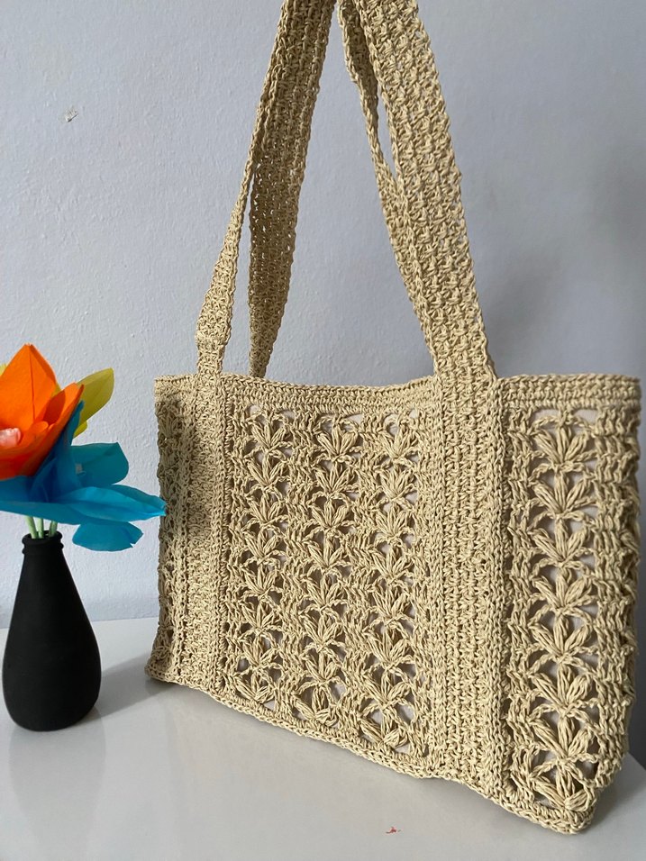 Bej Çiçek Desenli Örgü Kadın Çanta - Görsel 3