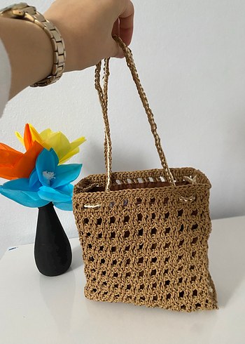 Kahverengi Çiçekli Dantel Detaylı Örgü Çanta - Görsel 3