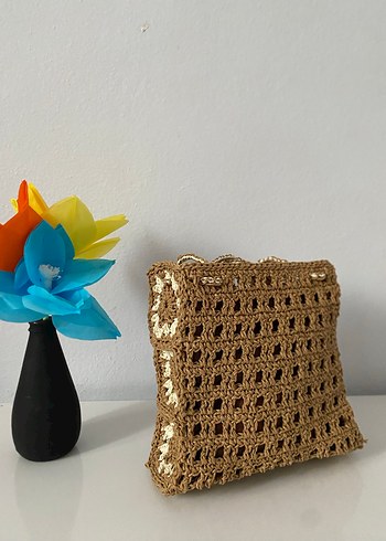 Kahverengi Çiçekli Dantel Detaylı Örgü Çanta - Görsel 2