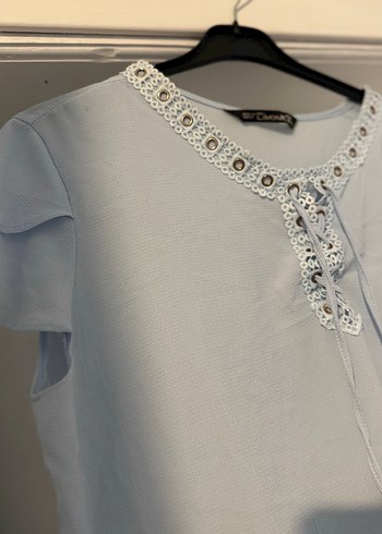 Nakışlı V Yaka Kısa Kollu Bohem Bluz - Görsel 2