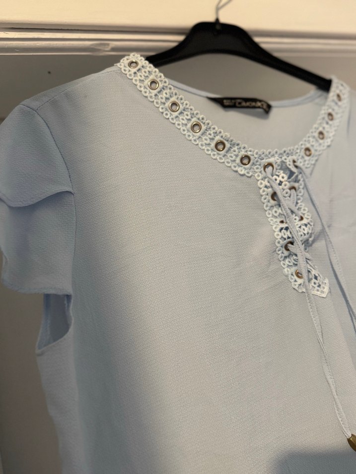 Nakışlı V Yaka Kısa Kollu Bohem Bluz - Görsel 2