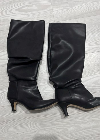 Siyah Deri Dizaltı Topuklu Kadın Çizme - Görsel 2