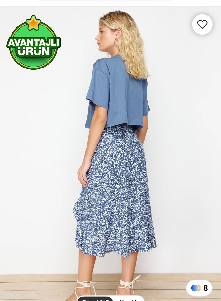 Mavi Bağlama Desenli Pamuklu Midi Etek - Görsel 2