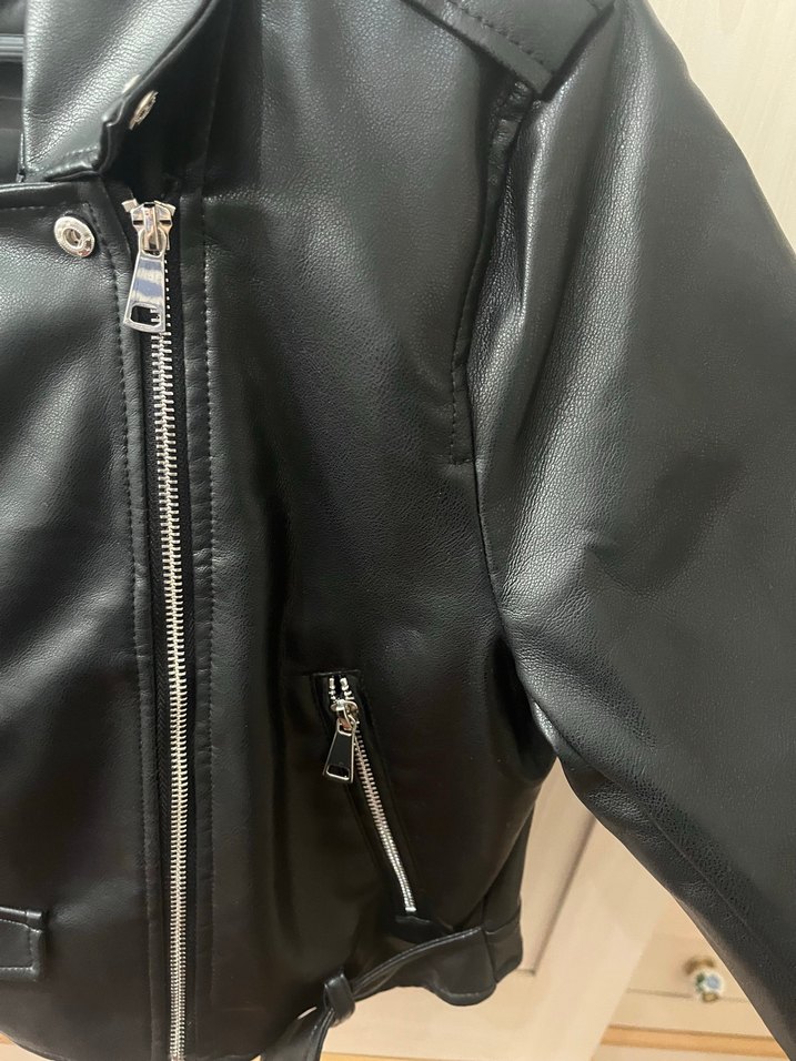 Kemerli Siyah Deri Biker Ceket - Görsel 3