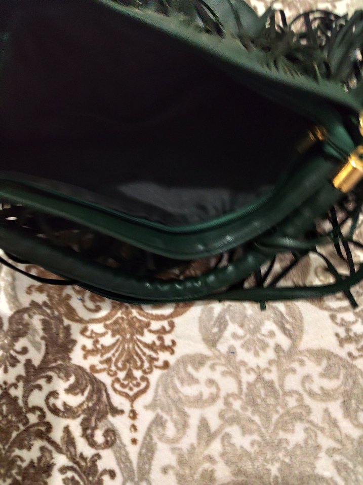 koyu yeşil  Püsküllü Bohem Deri Çanta - Görsel 2