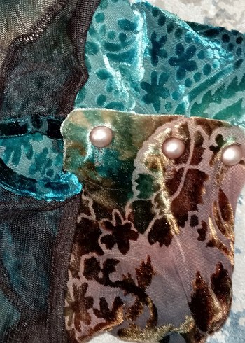 Kadife tül Kadın Çok Renkli Bohem Yüksek Yakalı Bluz,S beden - Görsel 5