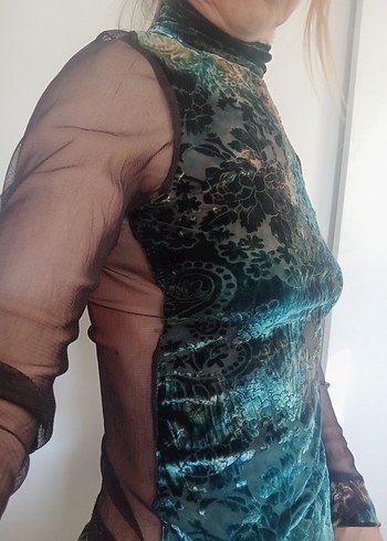 Kadife tül Kadın Çok Renkli Bohem Yüksek Yakalı Bluz,S beden - Görsel 3