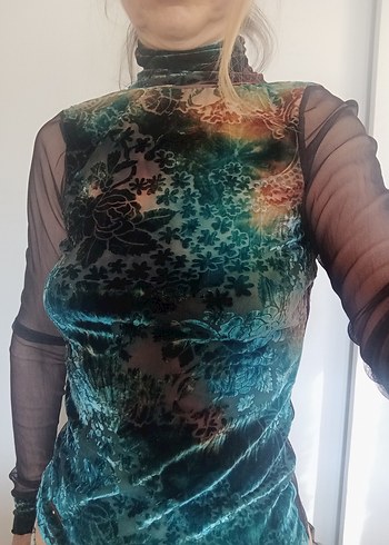 Kadife tül Kadın Çok Renkli Bohem Yüksek Yakalı Bluz,S beden - Görsel 2