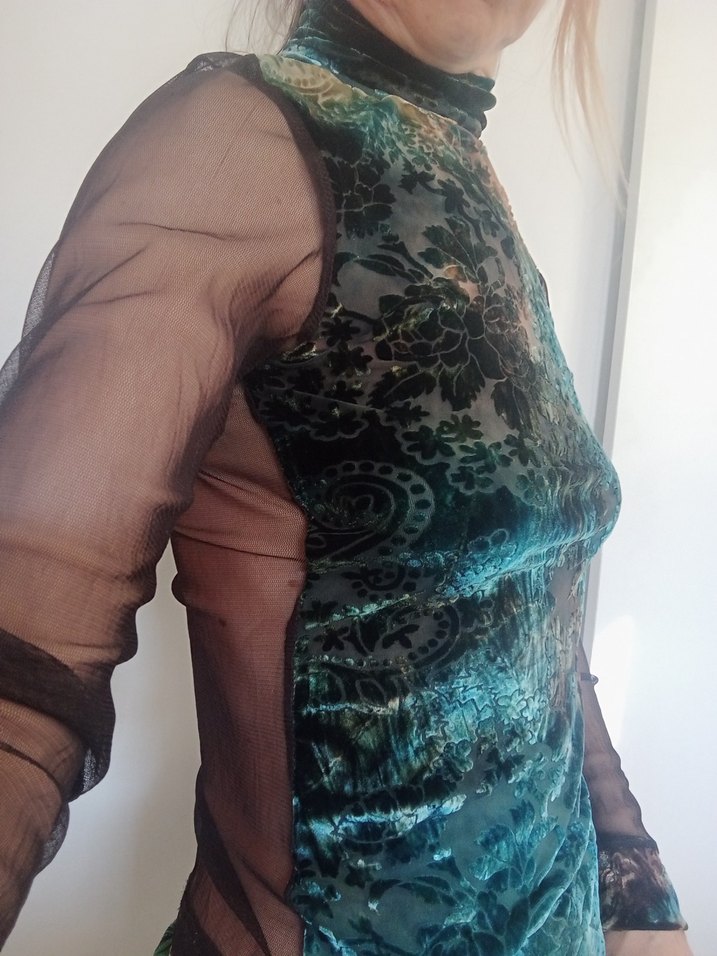 Kadife tül Kadın Çok Renkli Bohem Yüksek Yakalı Bluz,S beden - Görsel 3