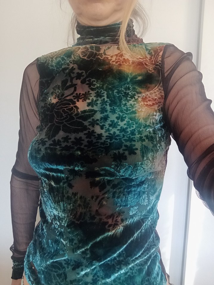 Kadife tül Kadın Çok Renkli Bohem Yüksek Yakalı Bluz,S beden - Görsel 2