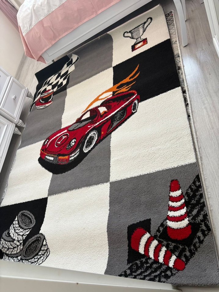 Gri Çocuk Halısı, Yarış Arabası Desenli - Görsel 2